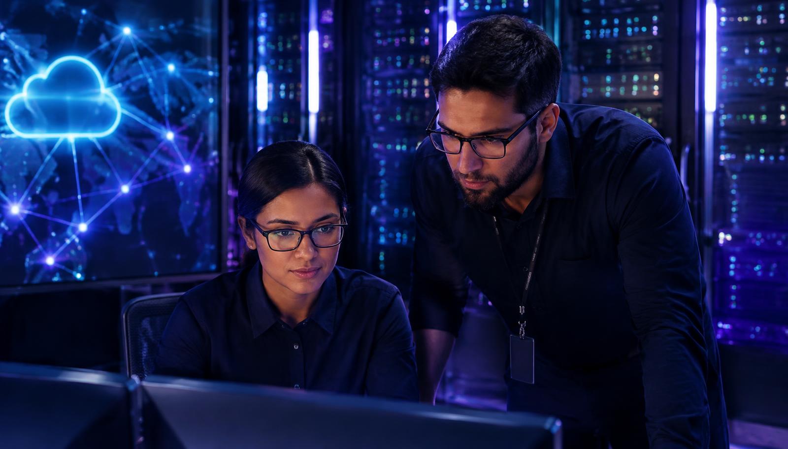 Integration engineers working in a modern operations room with server racks