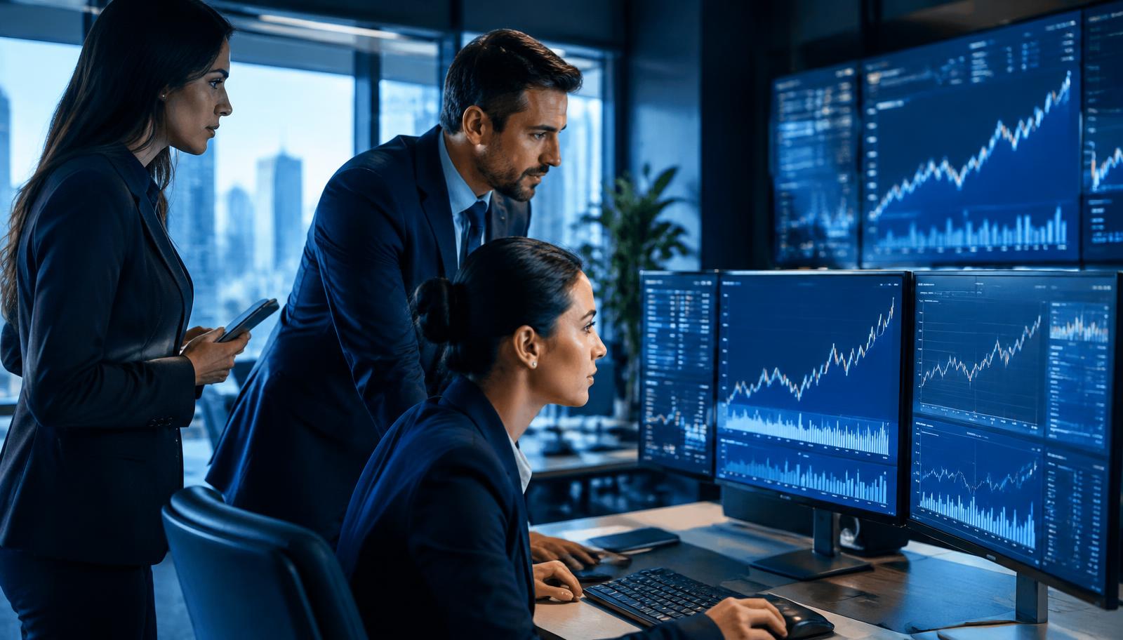 Finance team reviewing financial charts on monitors