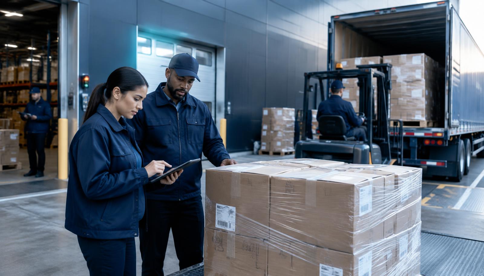 Receiving team checking a delivered pallet against a tablet at a loading dock