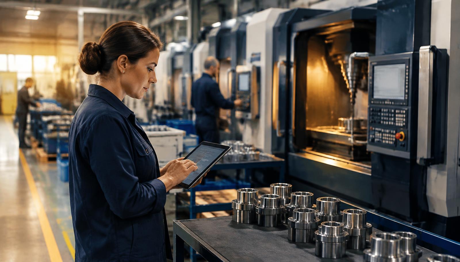 Production planner using a tablet beside CNC machines
