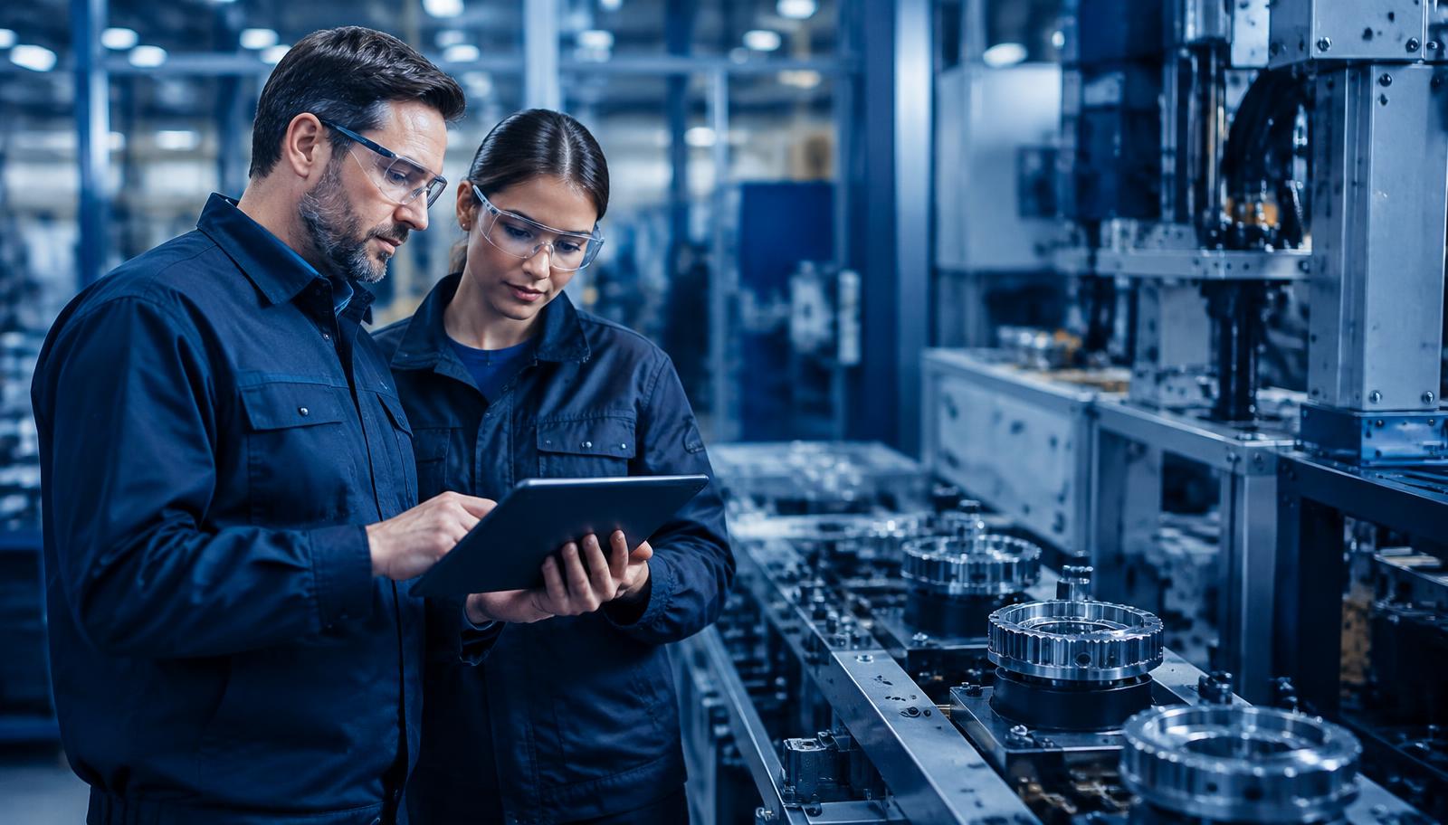 Engineers reviewing production data on a tablet in an automotive components plant