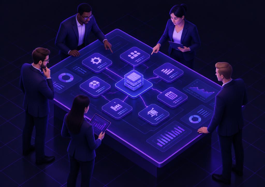 Illustration of consultants collaborating around connected SAP module diagrams