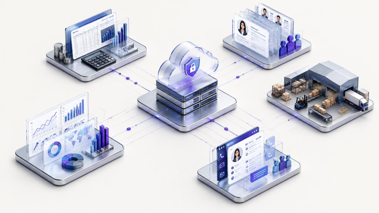 Illustration of connected finance, people, supply chain, customer and analytics systems on a cloud platform
