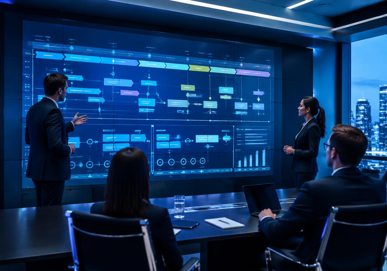 Enterprise consultants reviewing an SAP transformation roadmap on a digital display
