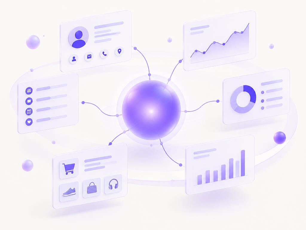 Illustration of customer data connected to service, commerce and analytics