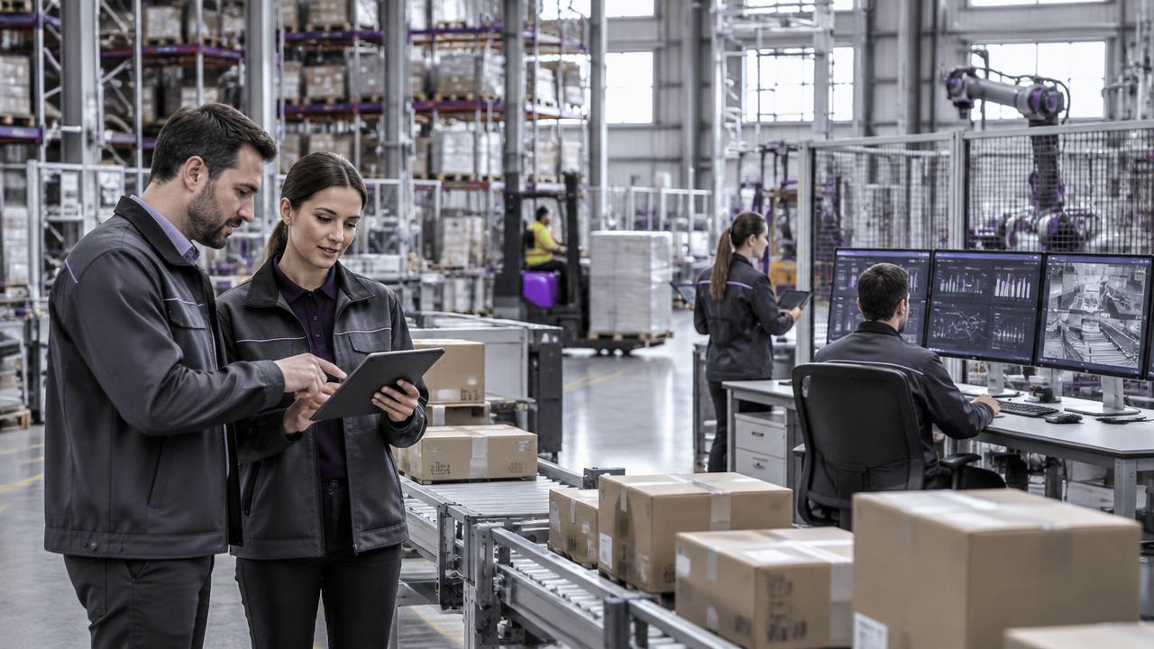 Operations specialists reviewing connected warehouse and production systems