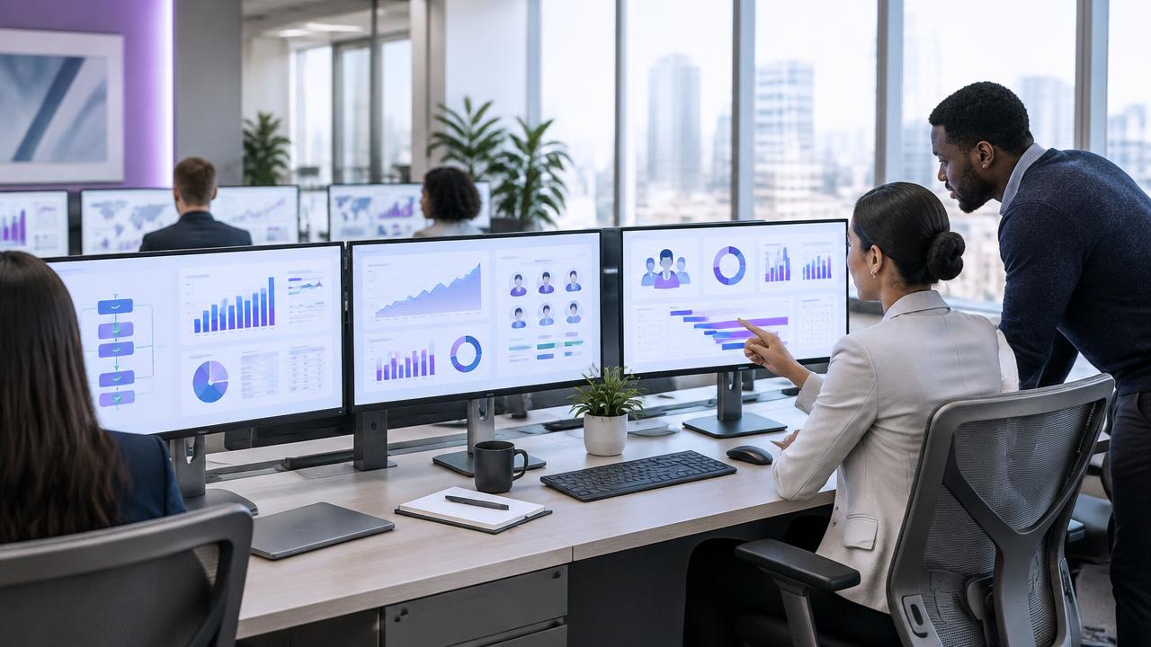 Colleagues reviewing workforce, finance and planning dashboards in an office