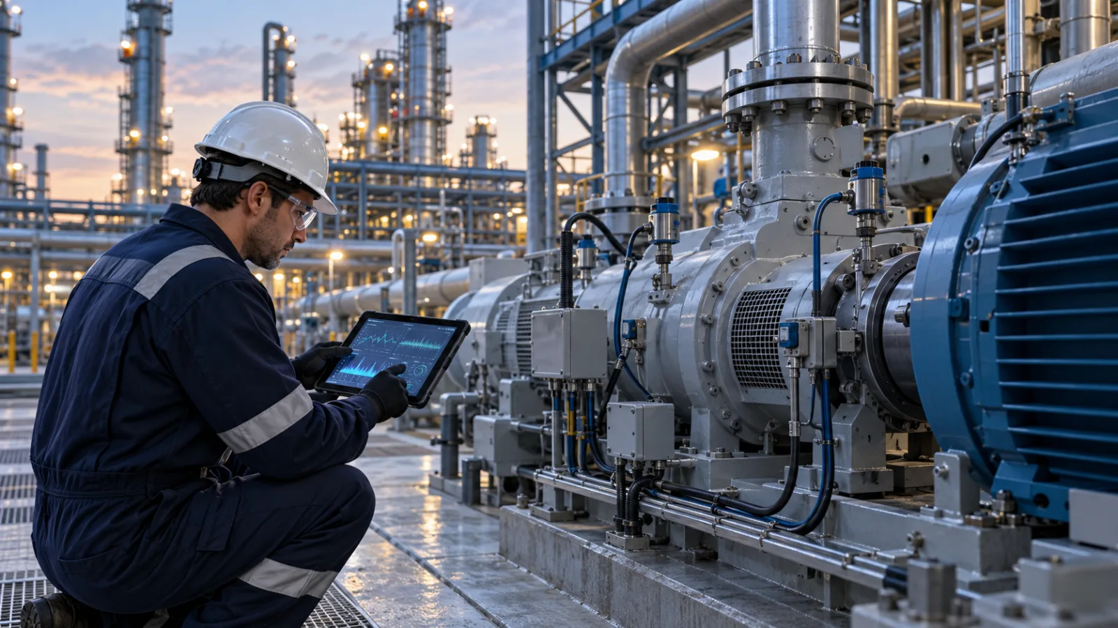 Refinery maintenance engineer inspecting a compressor with condition-monitoring sensors