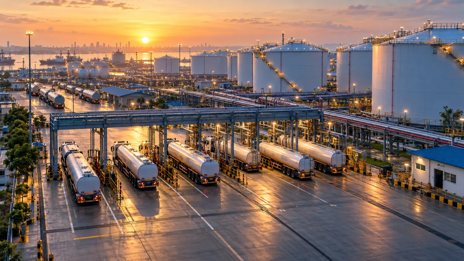 Fuel tanker fleet at a petroleum distribution terminal during sunrise