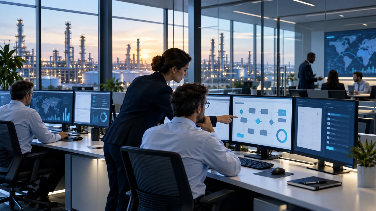 Energy finance operations team reviewing invoice workflows in a modern office overlooking a refinery