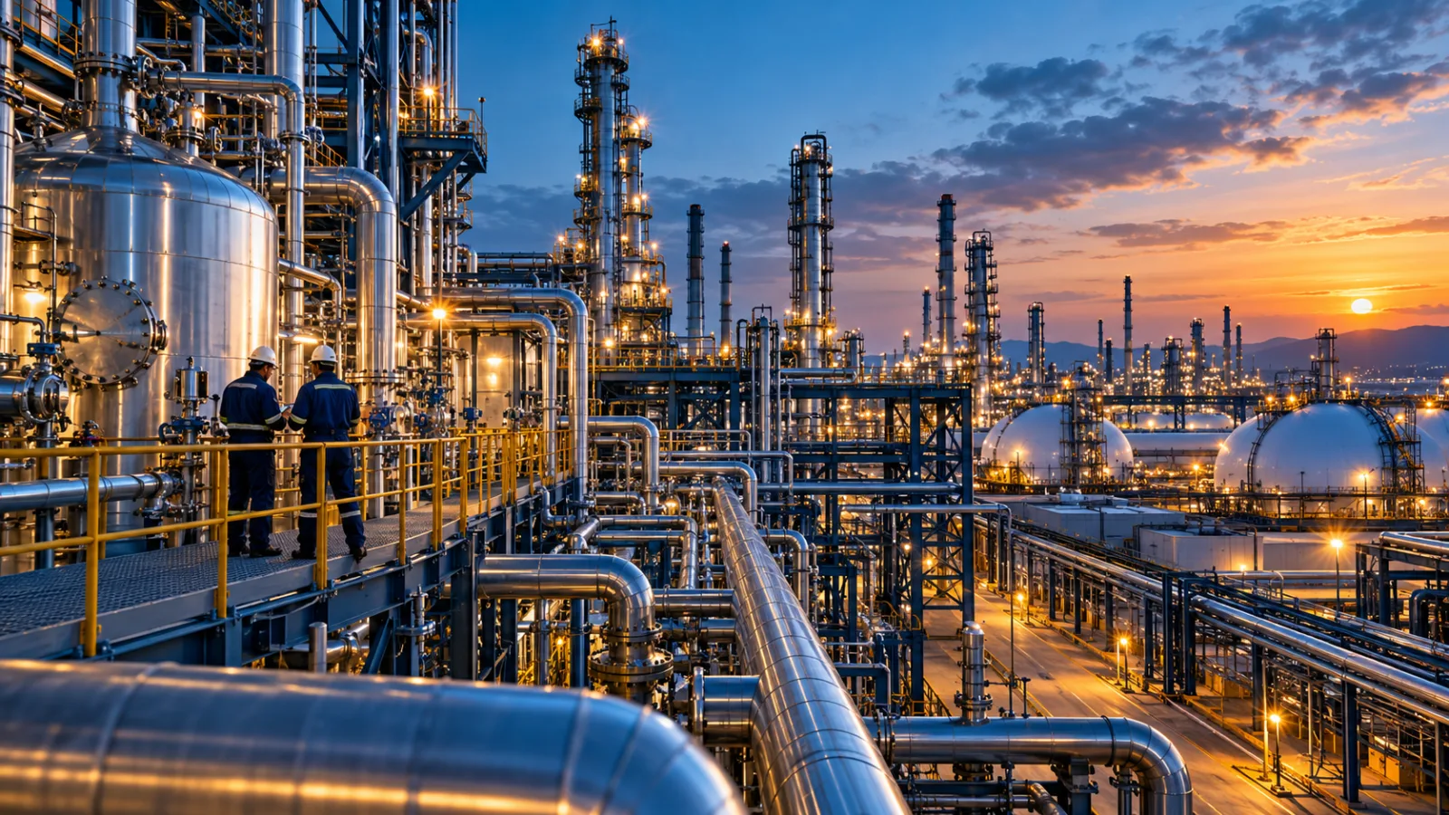 Petrochemical manufacturing plant with stainless process equipment and engineers at sunset