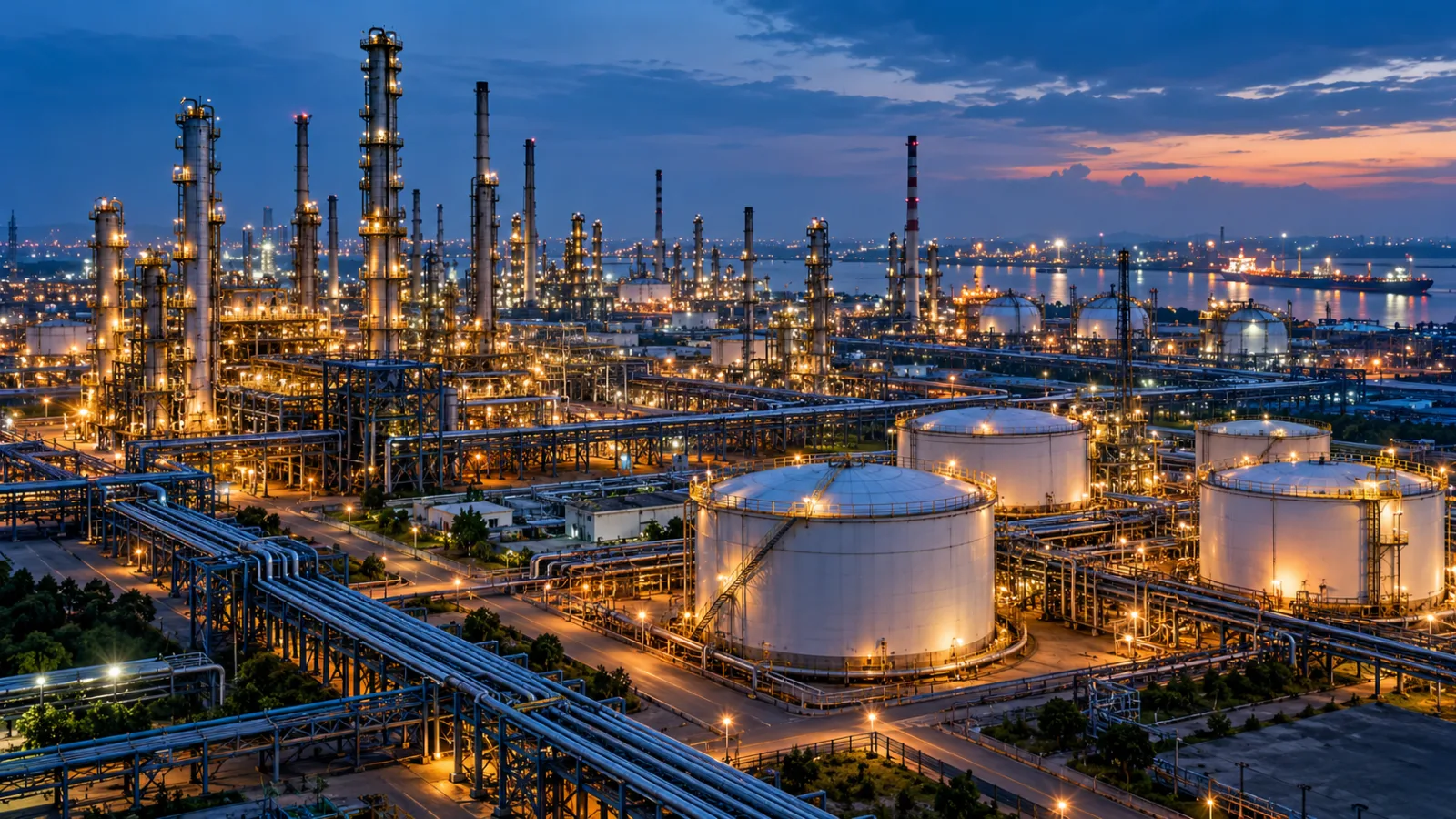 Illuminated petroleum refinery with storage tanks and connected pipelines at blue hour