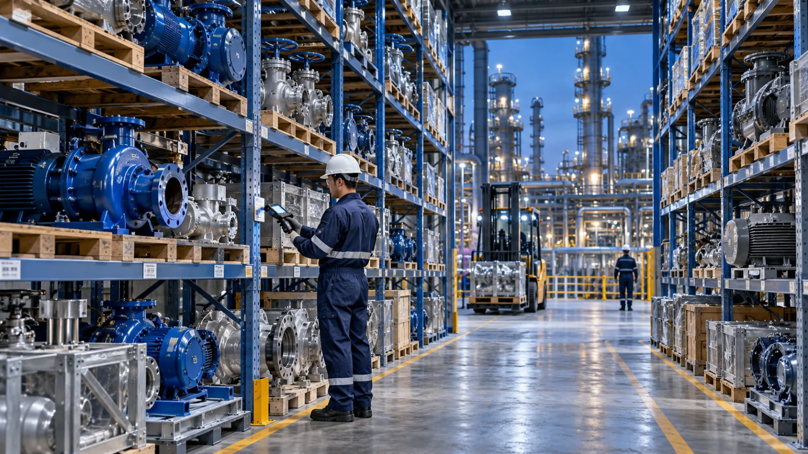 Industrial refinery warehouse with engineering spare parts and an operator using a scanner